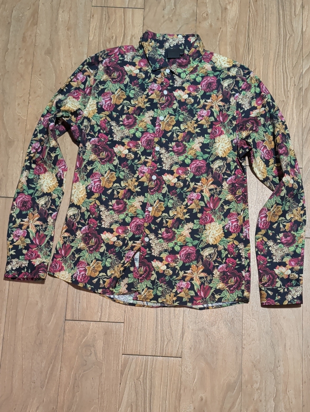 ASOS Black Floral Button-Up Shirt with Pink, Yellow & Green Accents